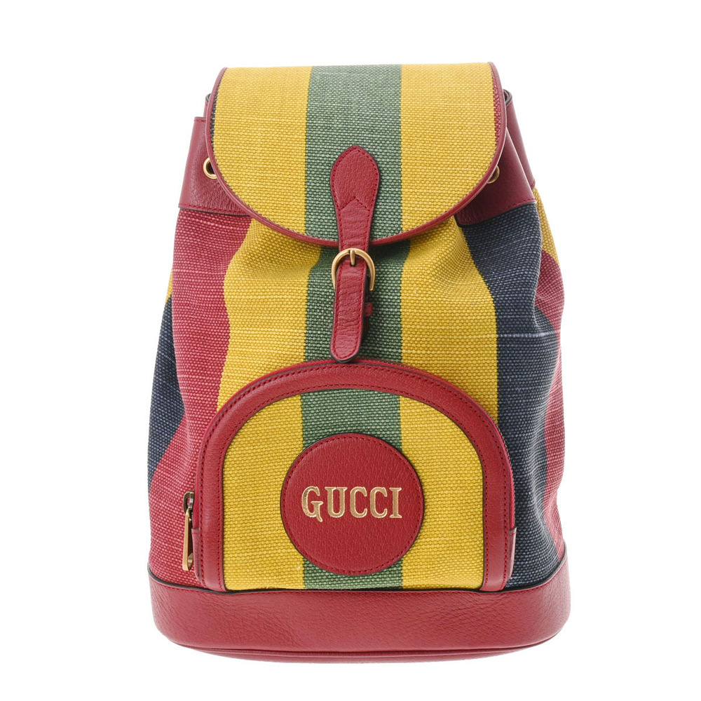Gucci Daypack Backpack Baiadera Blue Stripe Leather Red Canvas Yellow - Picture 2 of 11